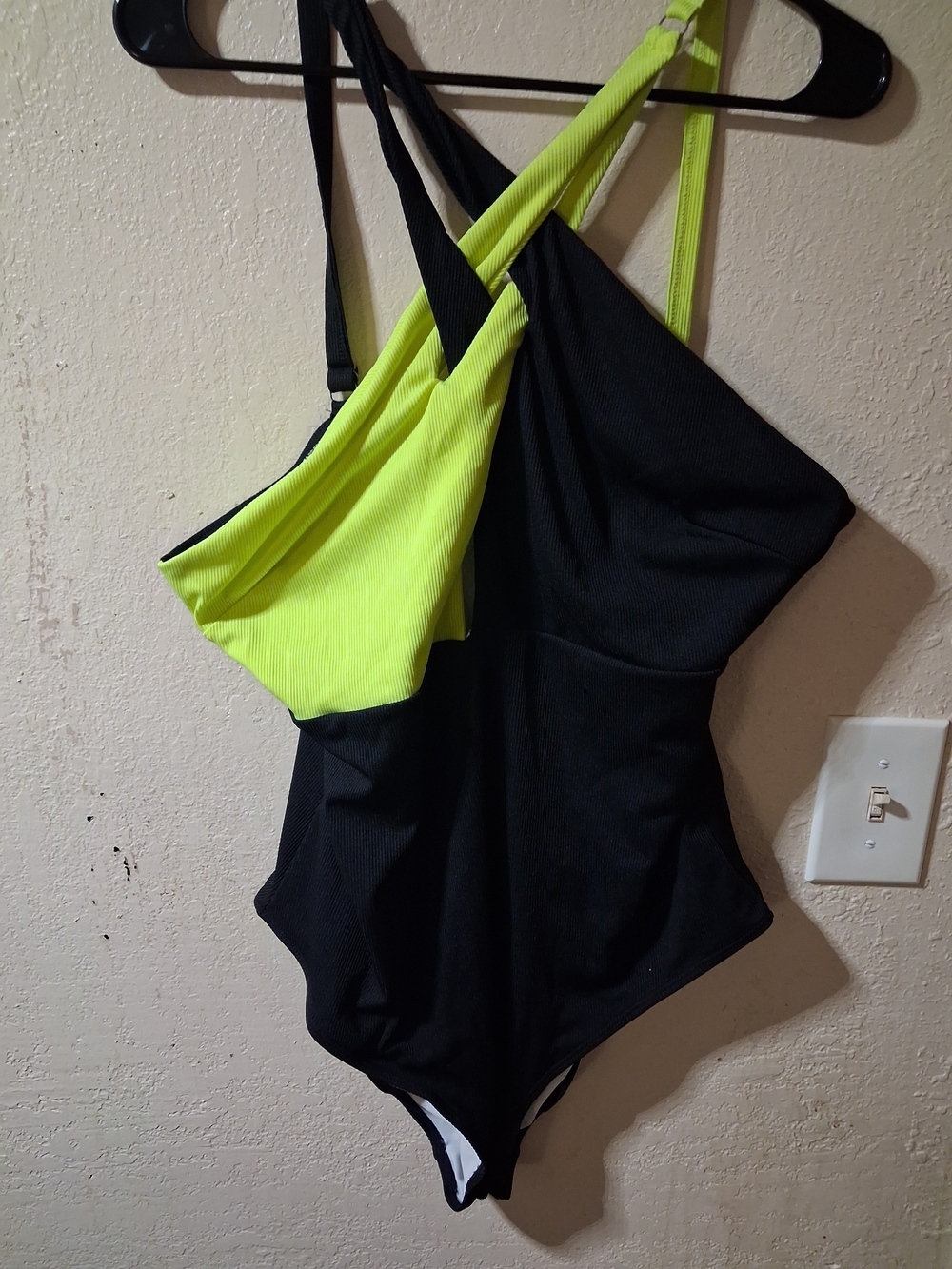 Black and Neon Yellow One-Piece Swimsuit - Asymmetric Straps